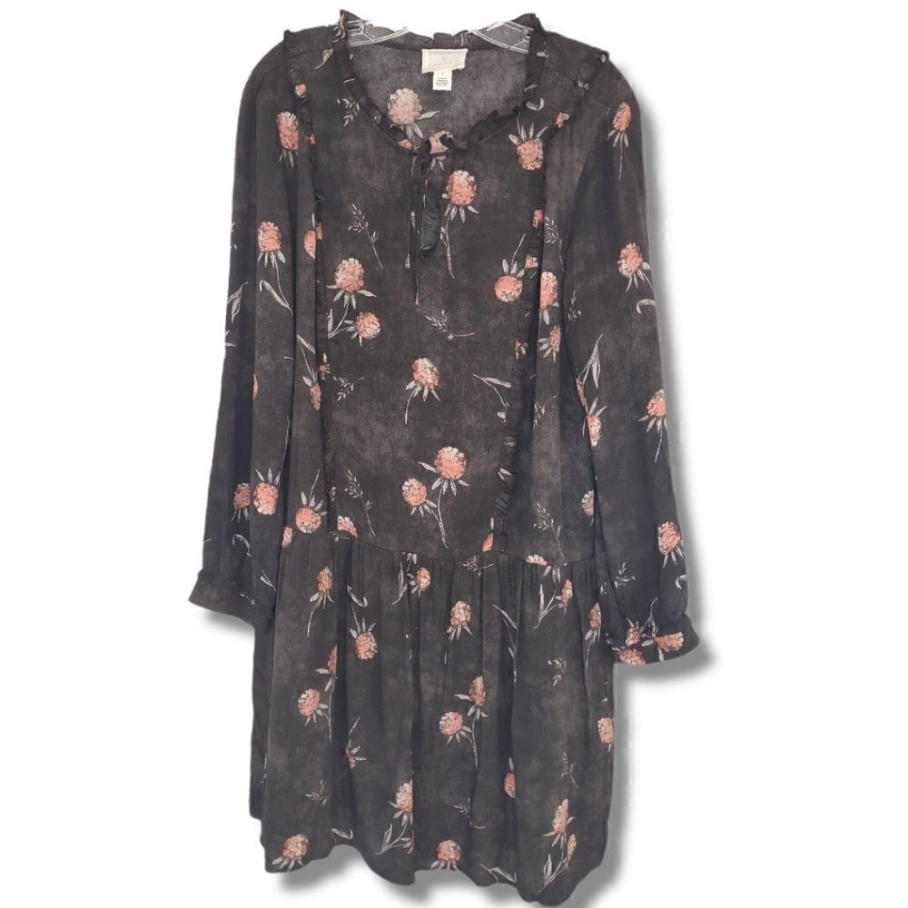 Caslon Dress Sz S Pink Black Floral Print Long‎ Sleeve Ruffle Accents Drop Waist